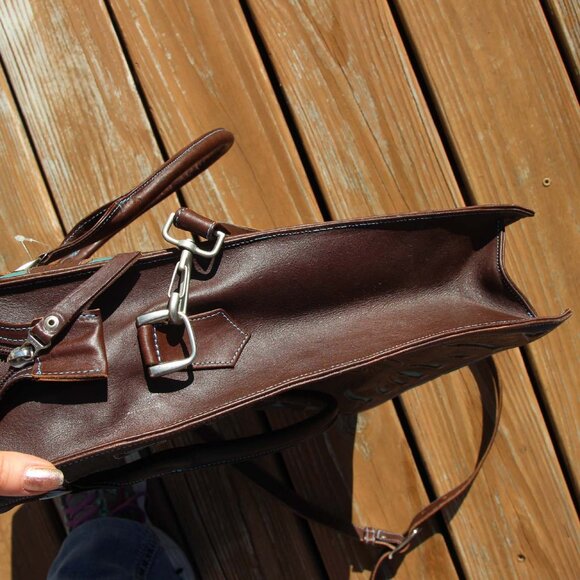 JL Saldivar Cutout Tooled Leather Large Purse Tote Bag, Dark Brown & Turquoise - Picture 8 of 16